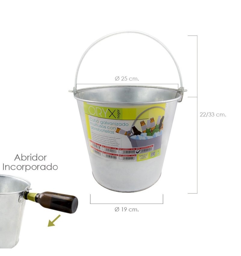 Cubo Zinc Metal Galvanizado Multiusos  8 Litros 25 x 19 x 22 (alt.) cm. con Abre Botellas