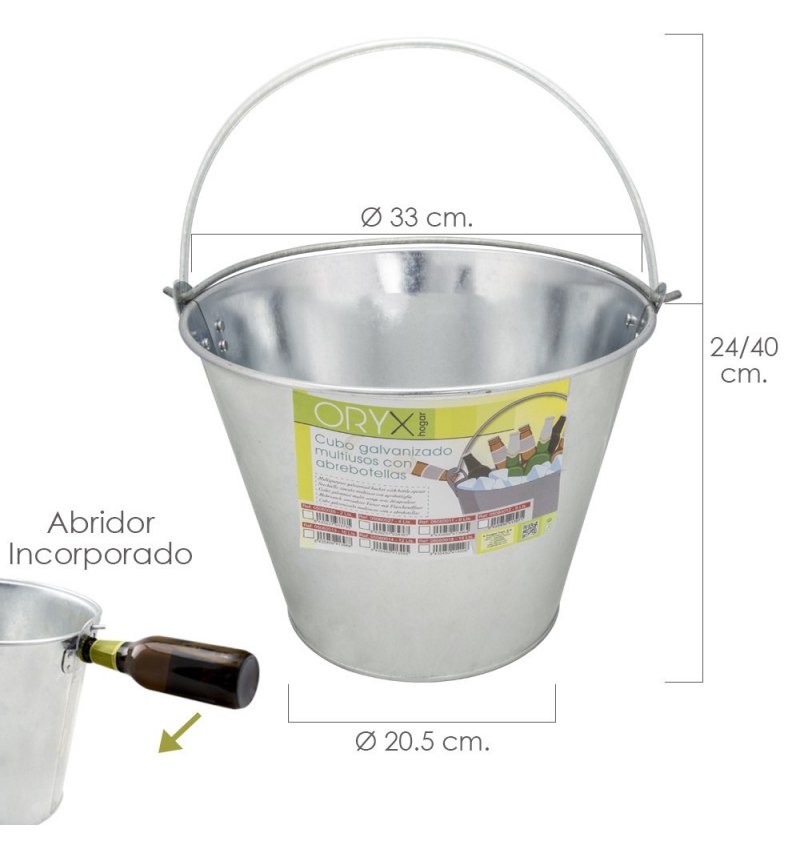 Cubo Zinc Metal Galvanizado Multiusos 12 Litros 33 x 20.5 x 24 (alt.) cm. con Abre Botellas