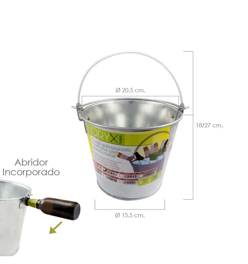 Cubo Zinc Metal Galvanizado Multiusos  4 Litros 20.5 x 18 x 15.5 (alt.) cm. con Abre Botellas
