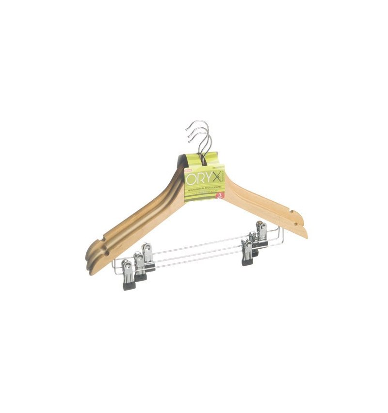 Percha Oryx Madera Recta Con Pinzas 450 mm. (Pack 3 Piezas)