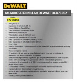 Taladro Atornillador Dewalt 10,8 V. DCD 710 S2